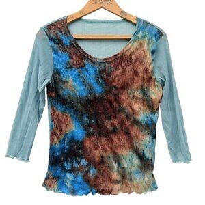 Vintage Y2K Tie Dye Mesh Top Size S Stretch Semi Sheer Blue Brown Whimsygoth